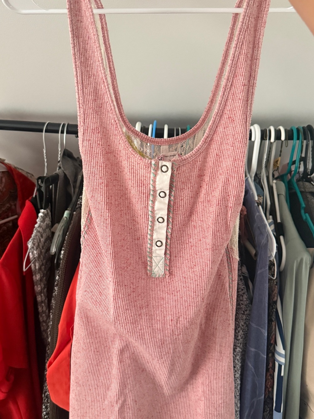 Free People Pink Ribbed Tank Top with Snap Detail